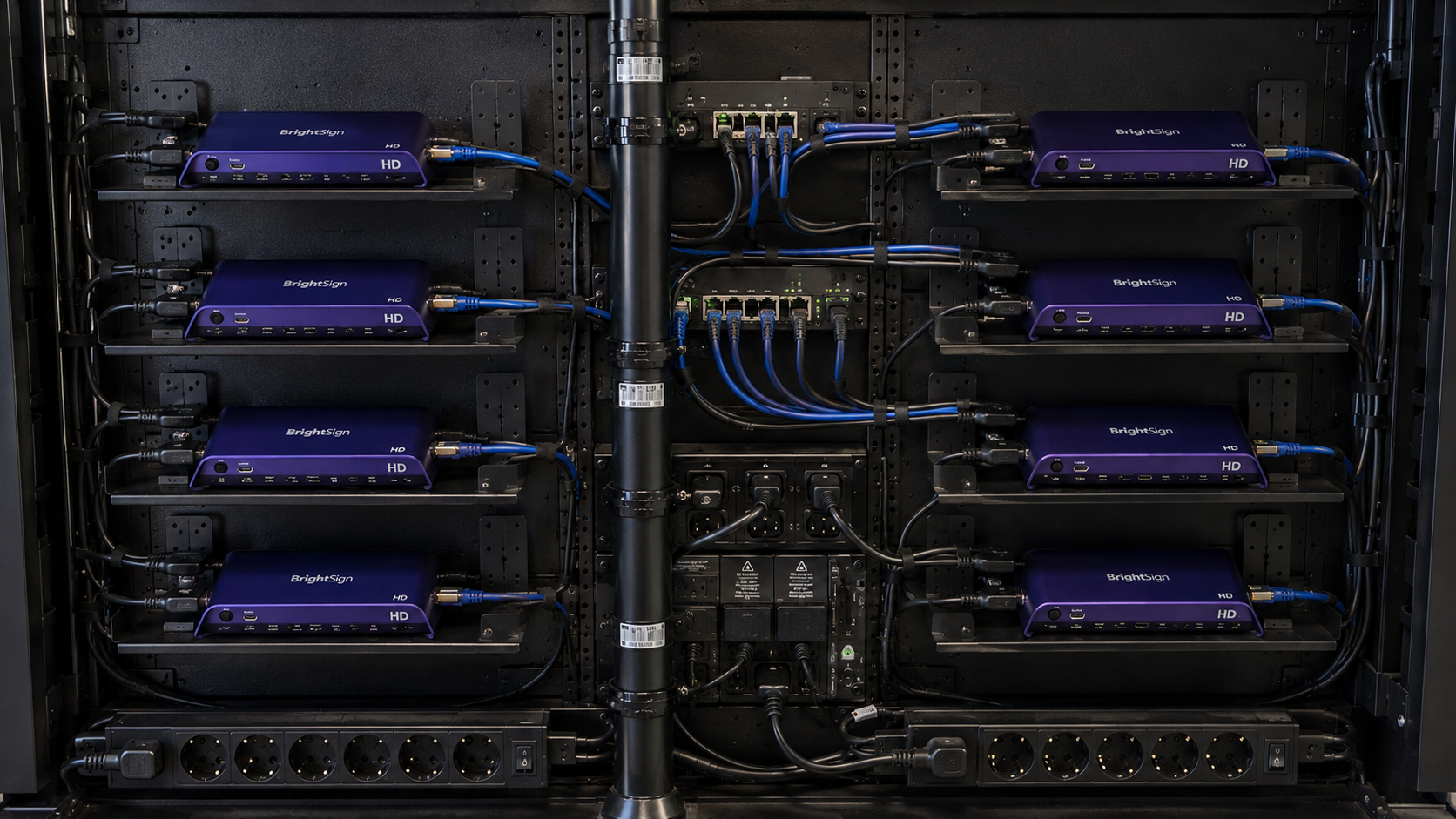 BrightSign media players mounted in an AV rack for a permanent digital signage and interactive installation system